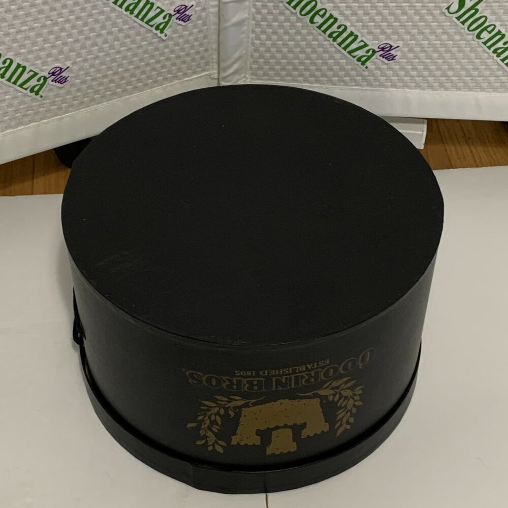 Vintage Goorin Bros Cardboard Hat Box Strap Storage Container Black Gold Logo - Picture 9 of 14